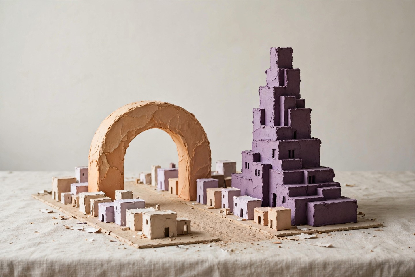 A fictional miniature street with an apricot arch and stepped plum house
