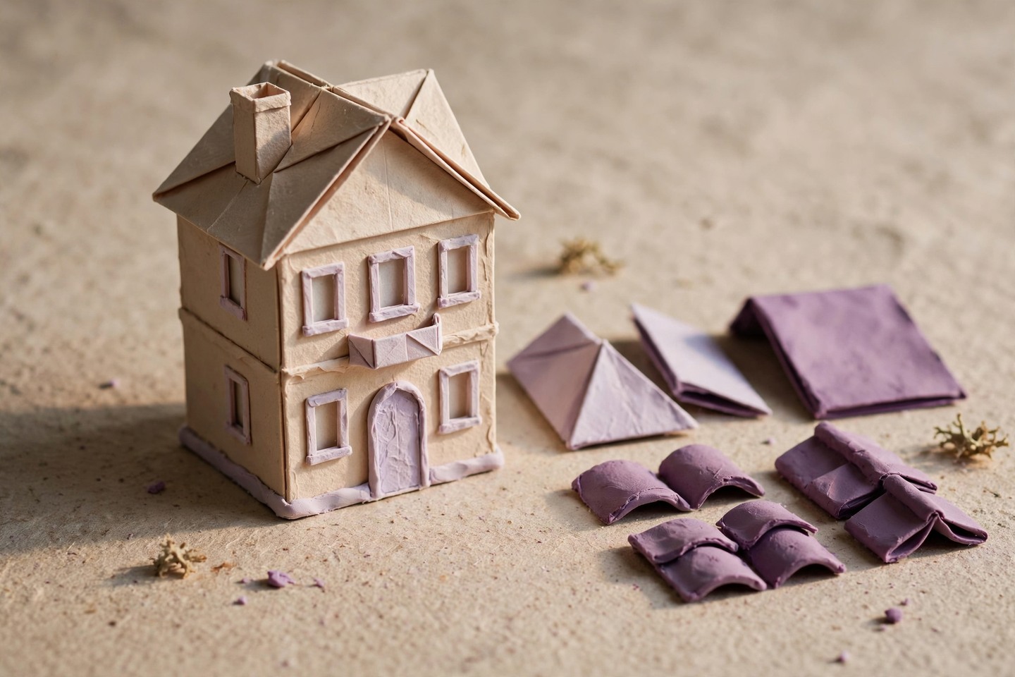 A folded-paper house beside separate roof pieces