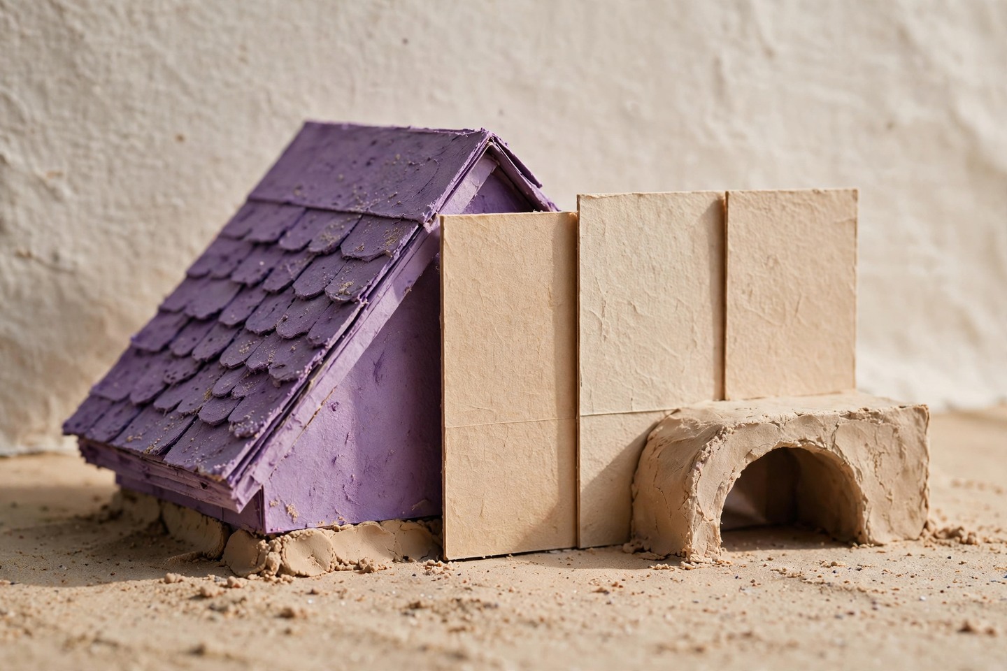 A violet roof piece beside warm wall panels