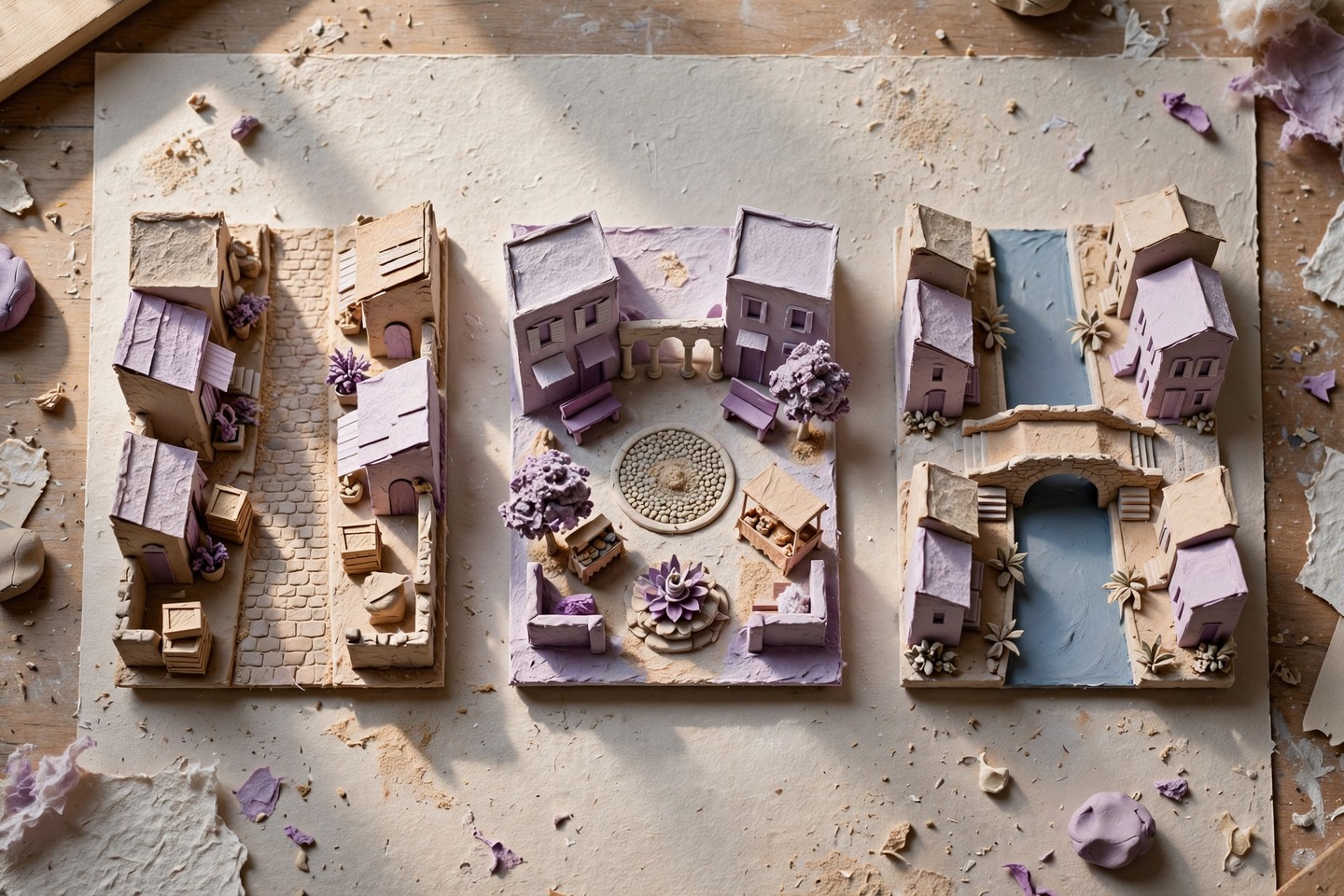 Several miniature street compositions on a table