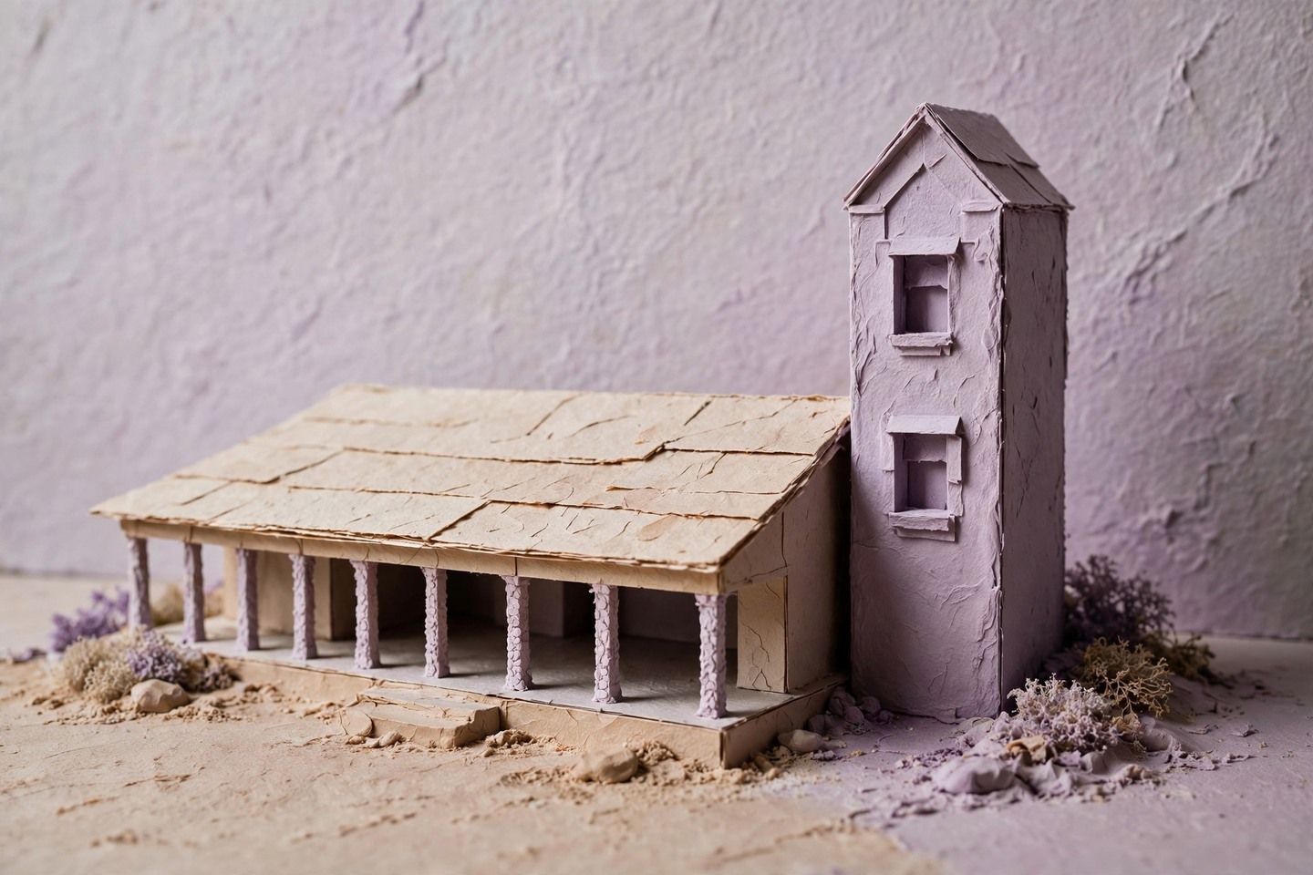 A low pavilion beside a slender tall house