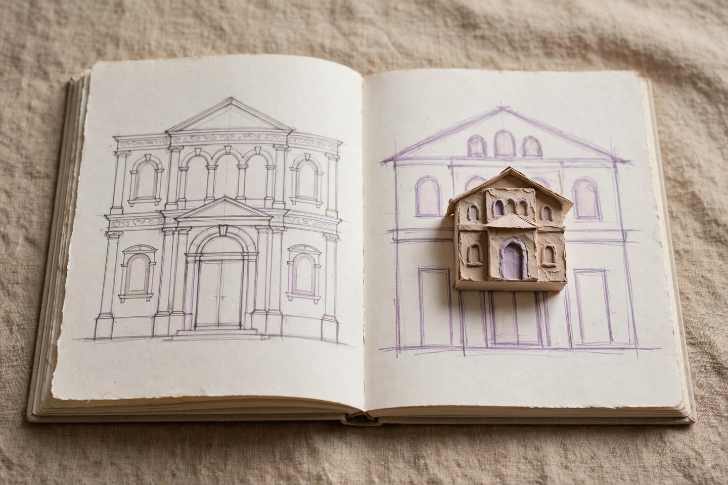 Open paper fieldbook with fictional facade drawings