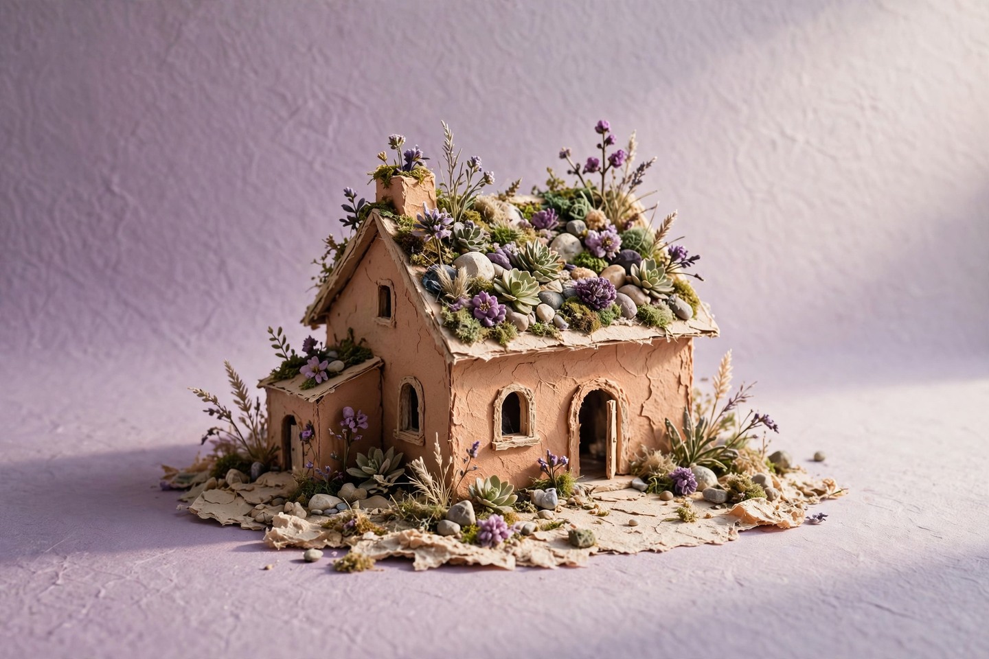 A miniature house with a planted roof