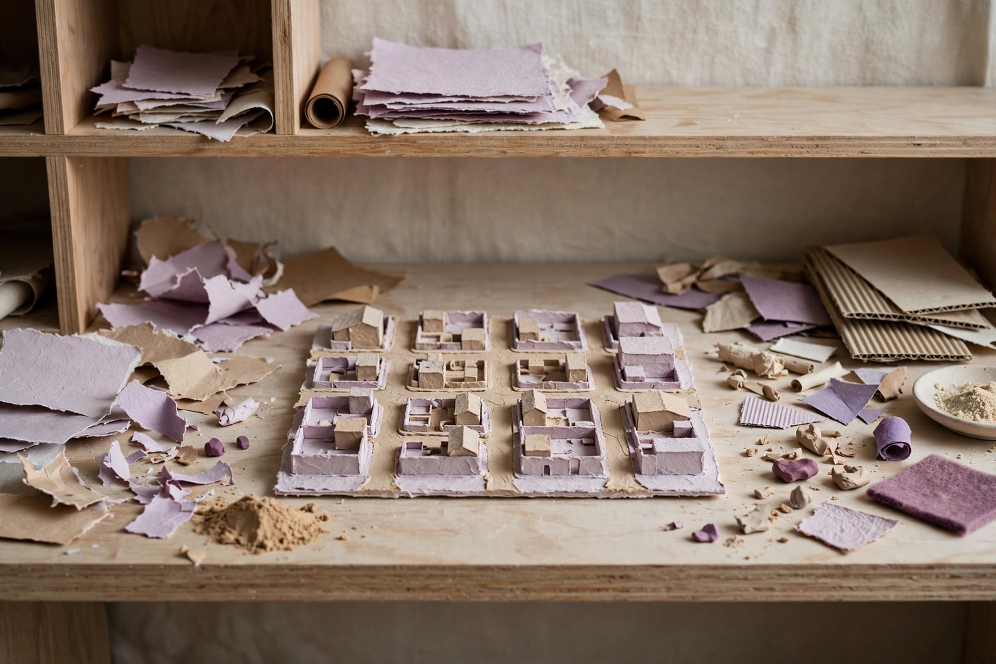 A shelf with miniature streets and materials