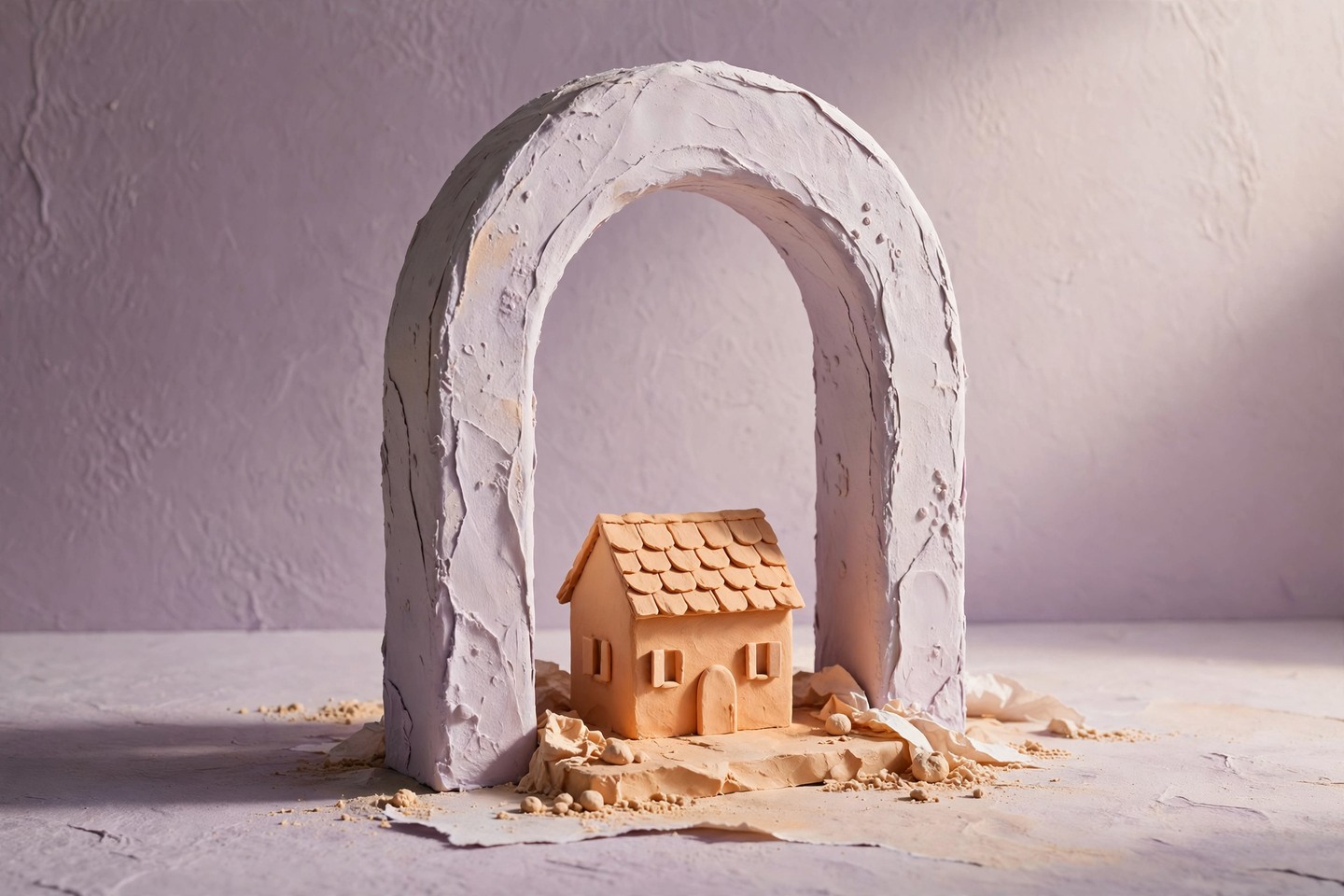 An arch framing a small apricot house